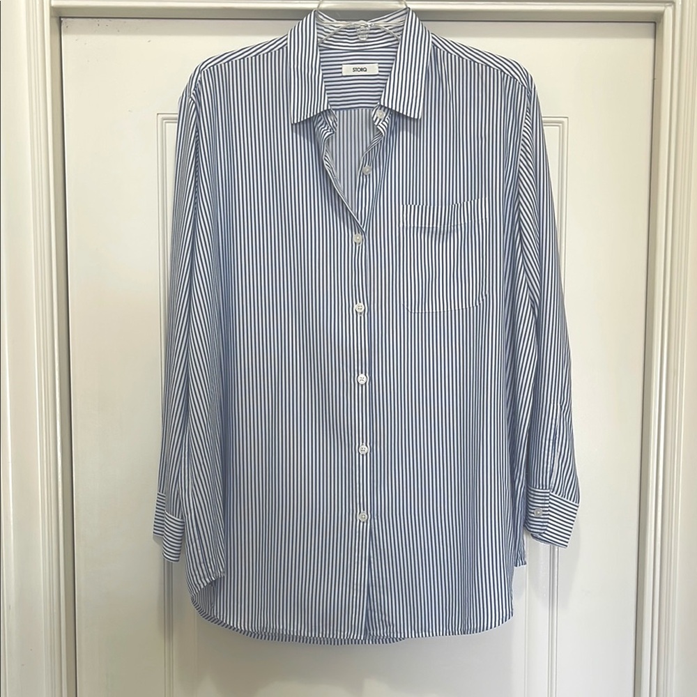Storq Easy Button-up maternity shirt blue and white striped size medium 3